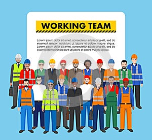 Group of worker, builder and engineer standing together on blue background in flat style. Working team and teamwork concept.