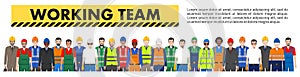 Group of worker, builder and engineer standing together in row in white background in flat style. Working team and