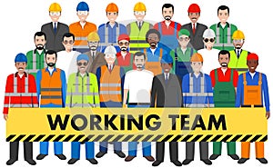 Group of worker, builder and engineer standing together on white background in flat style