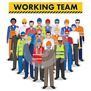 Group of worker, builder and engineer standing together on white background in flat style. Working team and teamwork