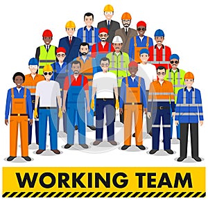 Group of worker, builder and engineer standing together on white background in flat style. Working team and teamwork