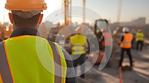 Group of Workers in Bright Safety Vests at Construction Site