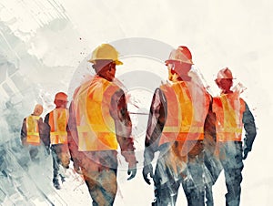 Group of workers in hardhats and helmets. illustration. Generative AI