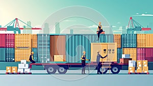 A group of workers loading goods into a container utilizing the standardized size and shape of containers to maximize photo