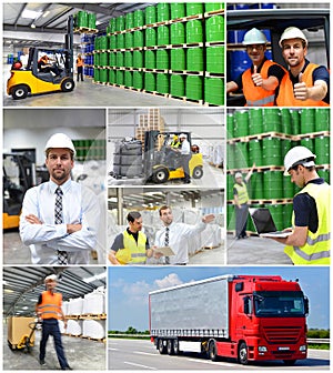 Group of workers in the logistics industry work in a warehouse w