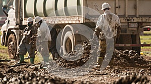A group of workers in protective gear unload a truckload of manure ready to be fed into the biofuel production machinery