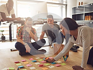 Group of workers sitting around notes on floor