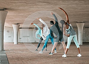 Group, workout and team stretching as a fitness club for sports, health and wellness in a class together. Sport