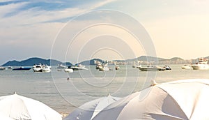 Group of yachts moored in Praia da Enseada , Guaruja, Brazil