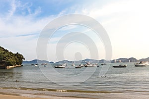 Group of yachts moored in Praia da Enseada , Guaruja, Brazil