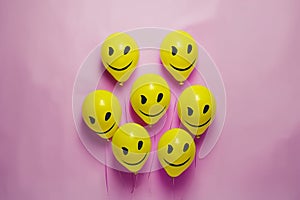 A group of yellow balloons with smiley faces on them. AI generative image