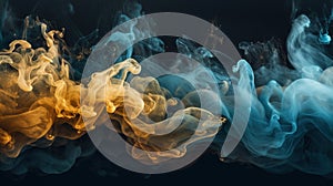 a group of yellow and blue smokes on a black background