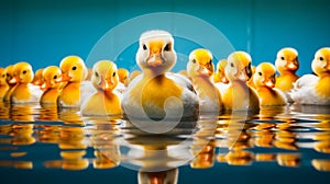 Group of yellow ducks floating on top of body of water. Generative AI