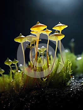 Group of yellow mushrooms on mossy surface