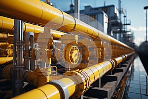 Group of yellow pipes. Natural gas treatment plant in bright sunny summer day