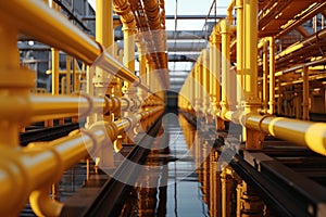 Group of yellow pipes. Natural gas treatment plant in bright sunny summer day