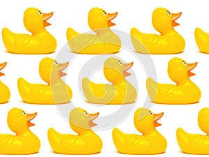 Group a yellow rubber ducks on a white background