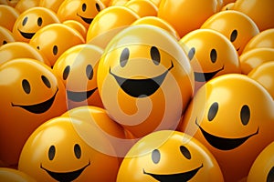 a group of yellow smiley face balloons
