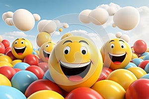 a group of yellow smiley faces in a field of colorful balloons