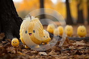 a group of yellow stuffed animals standing in the leaves