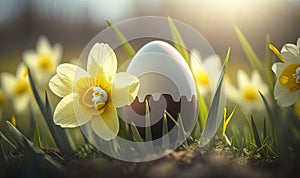 a group of yellow and white flowers next to an egg in the grass with the sun shining on the grass behind it and a brown egg in