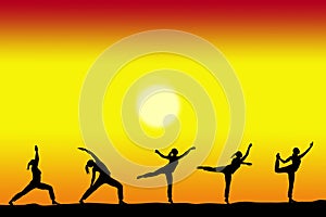 Group of yoga female silhouettes with a sunset on the background and copy space for your text