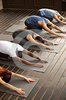 Group of yogi people in Balasana pose