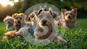A Group of Yorkshire Terriers Relaxing on the Grass photo