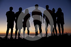 Group of young adults admiring sunset by the sea photo