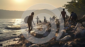 A Group of Young Adults Picking Up Trash on an Indonesian Beach. Generative AI