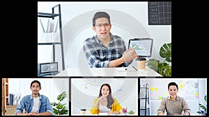 Group on young Asian business people, office coworkers on video online conference call, remote team meeting collage screen