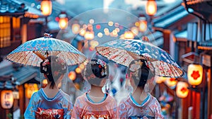 Group of young asian people in costumes at city street. Cos-players culture photo