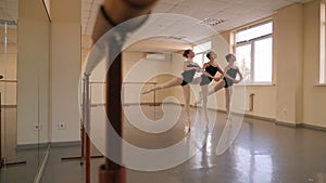 A group of young ballerinas rehearse the ballet Swan lake at the ballet school.