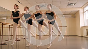 A group of young ballerinas rehearse the ballet Swan lake at the ballet school