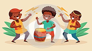A group of young boys skillfully playing djembe drums while two dancers intertwine in a captivating Congolese dance photo