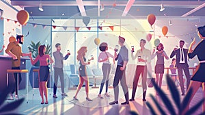 Group of young business people celebrating corporate party in office, cartoon illustration.