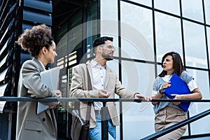 Group of young business people product strategy experts waiting for staff meeting with employer from human resources for job