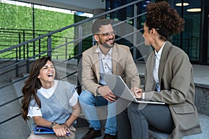 Group of young business people product strategy experts waiting for staff meeting with employer from human resources for job