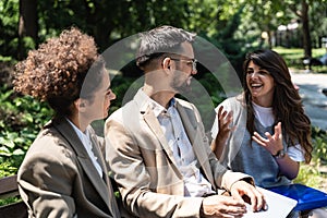 Group of young business people product strategy experts waiting for staff meeting with employer from human resources for job