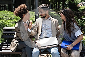 Group of young business people product strategy experts waiting for staff meeting with employer from human resources for job