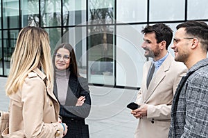 Group of young business people product strategy experts waiting for staff meeting with employer from human resources for job