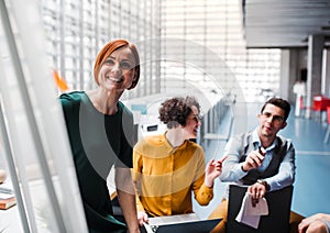 Group of young businesspeople in office, listening to a presentation.