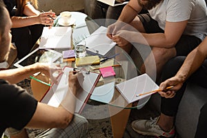 Group of young caucasian office workers have creative meeting to discuss new ideas