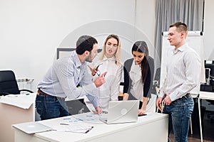 Group Young Coworkers Making Great Business Decisions. Creative Team Discussion Corporate Work Concept Modern Office