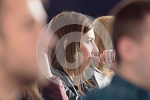 Group of young economy  university students  listening and watching business presentation for startup business at conference