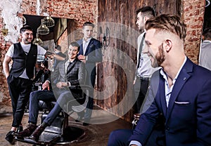 Group of young elegant positive mens pose in interior of barbershop.