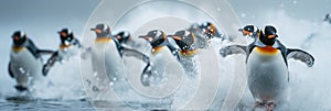 group of young emperor penguins in winter on ice in Arctic