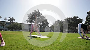 Group of young females practicing yoga on the seaside during the day. Green Grass.