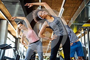 Group of young fit people, friends doing exercises in gym to stay healthy. Sport, people concept.