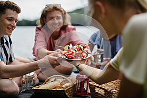 Group of young friends camping near lake and and having barbecue together. Close-up.